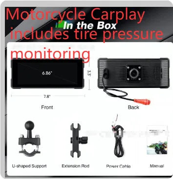 6.86-inch motorcycle driving recorder with IP68 waterproof shell, high brightness IPS touch screen, and dual recording cameras mounted on handlebars