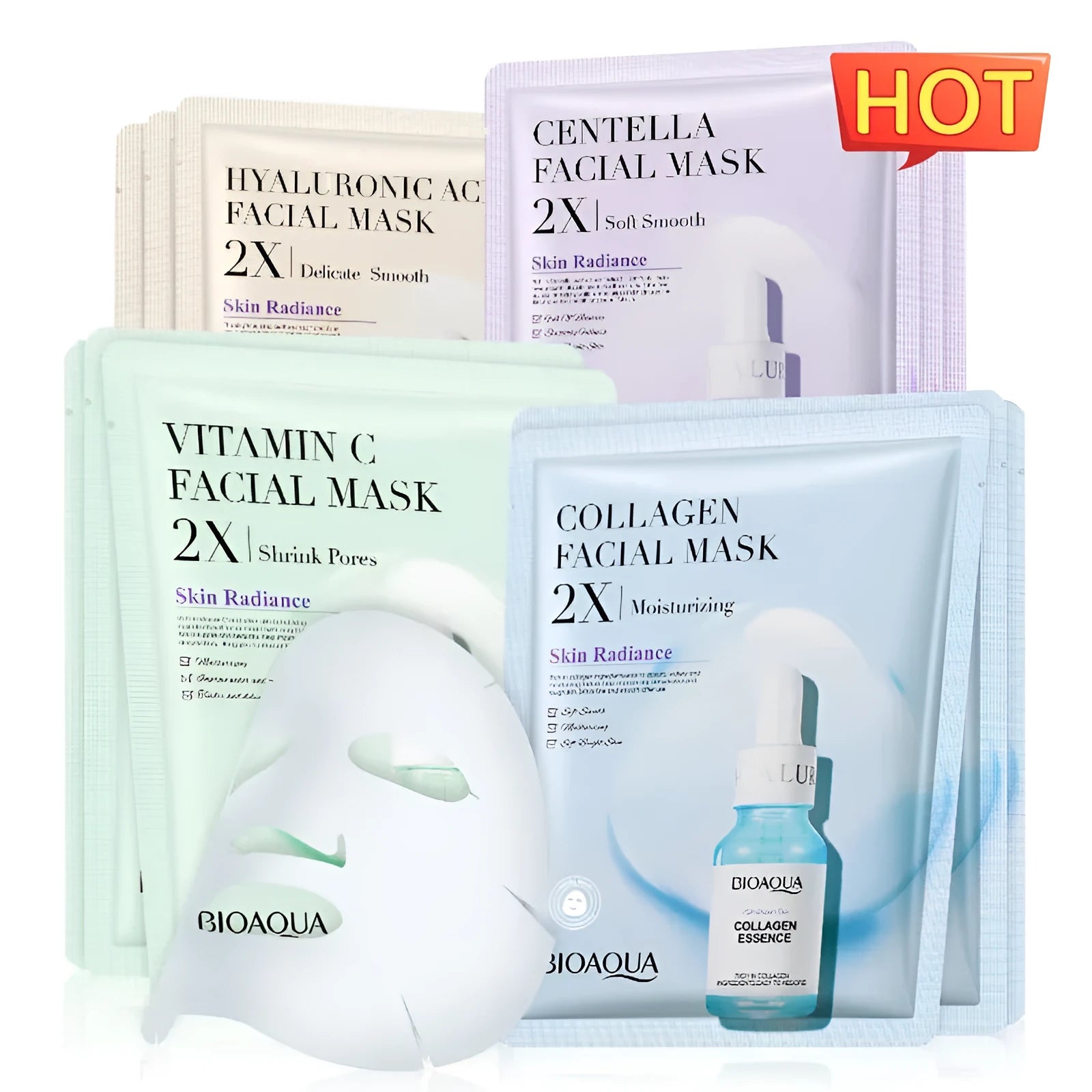 Single sheet of a white collagen face mask and a multi-pack box of 30g facial sheet masks.