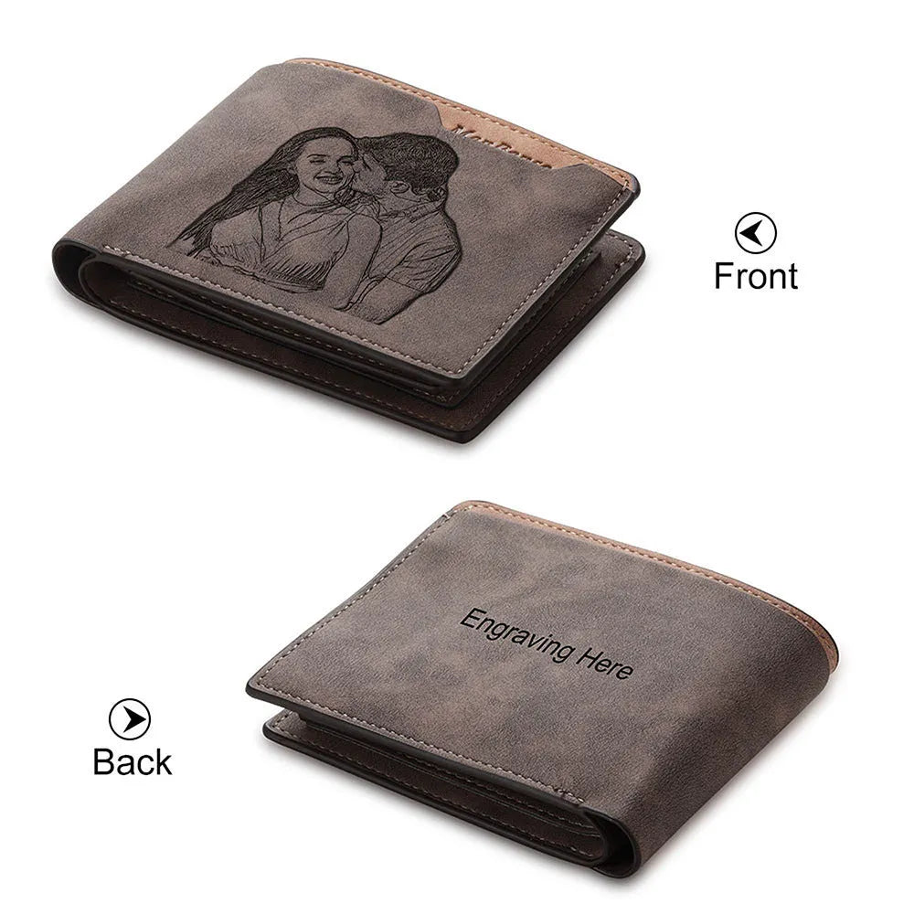 Coffee coloured engraved horizontal short wallet made from PU leather, showing personalised text or photo customisation.
