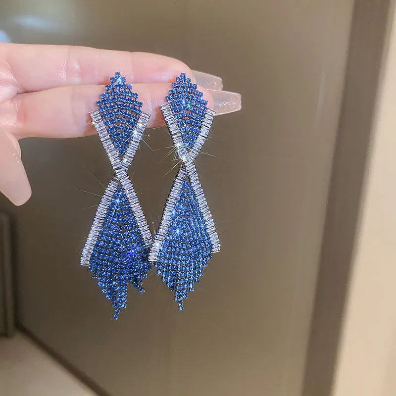 Handmade copper long earrings with rhinestone inlaid geometric claw chain tassel in silver needle-blue