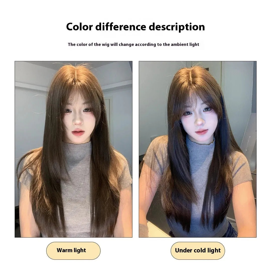 Cold brown layered long straight synthetic wig with lace front on display stand