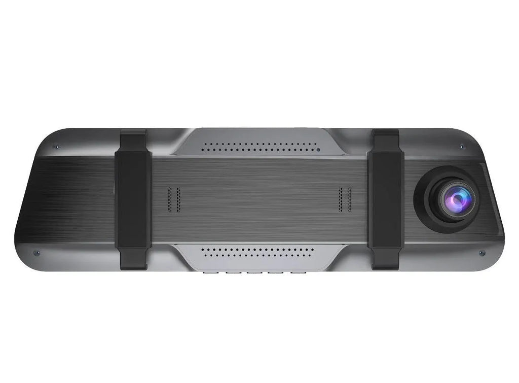 Black rearview mirror driving recorder with large touchscreen display mounted in a car