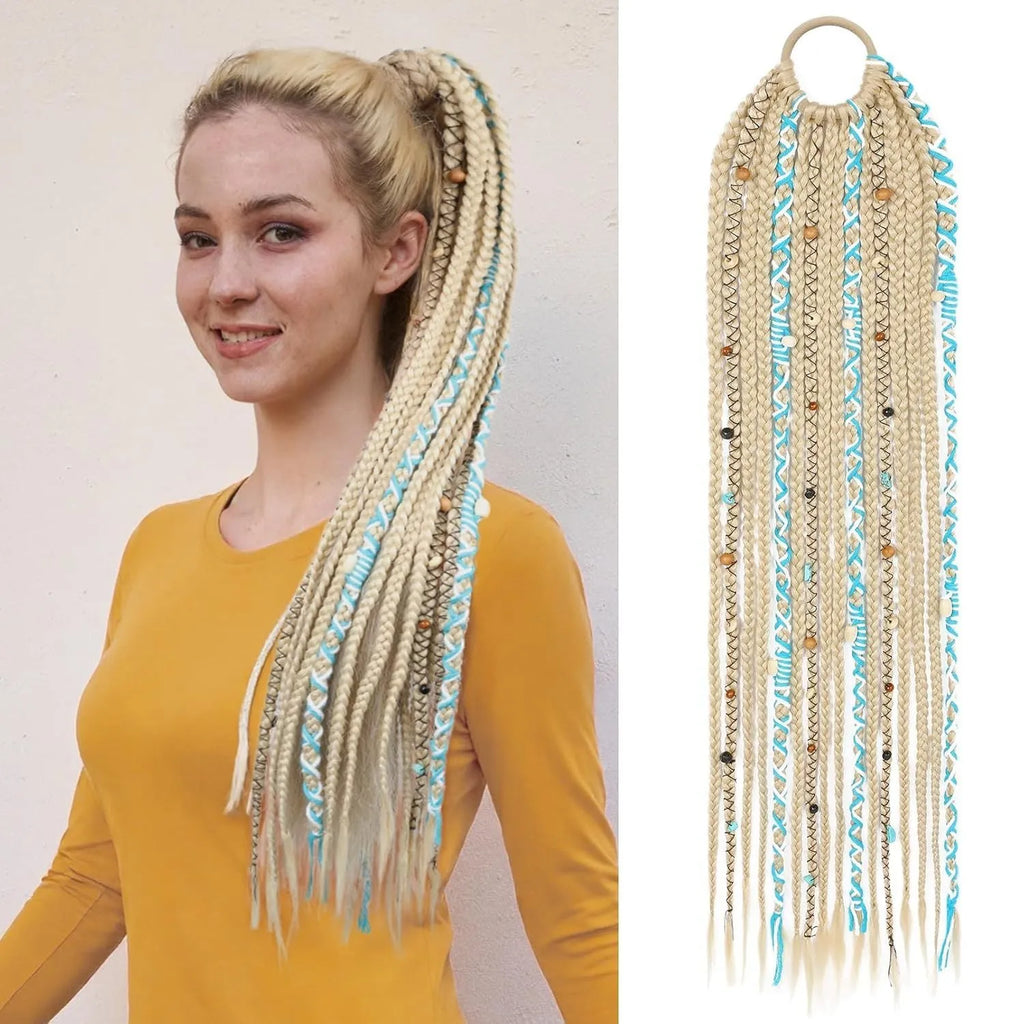 Braided ponytail hair extension with lock beads in dark brown colour, 24 inch length high temperature fibre