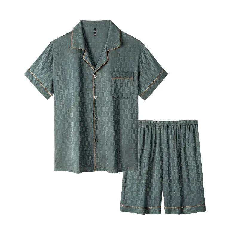 Men's ice silk pyjamas set showing cardigan top and shorts in satin jacquard pattern