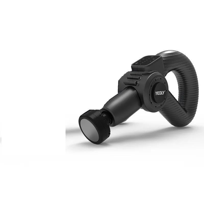 Black smart muscle massage gun with five attached heads for hot, ice, and percussion therapy