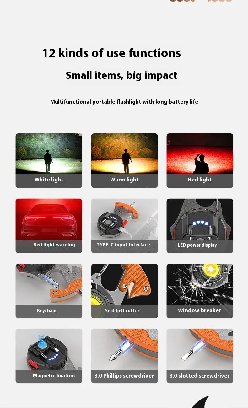 Multifunctional keychain flashlight with emergency tools including window breaker and screwdriver