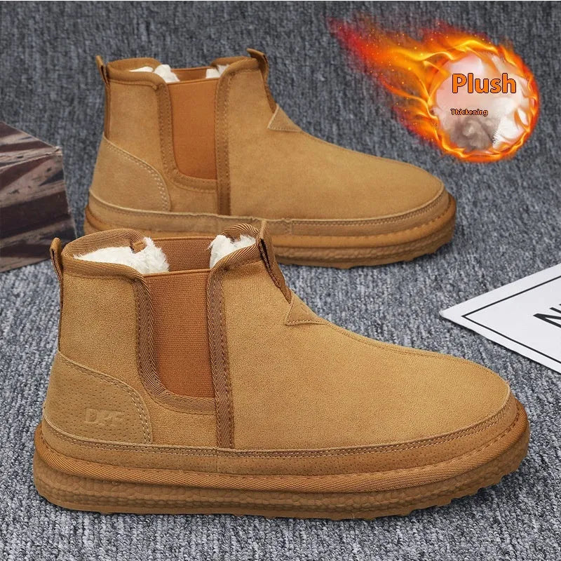 Winter fleece snow boots men ankle boot round-toe black artificial PU PVC outsole casual warm