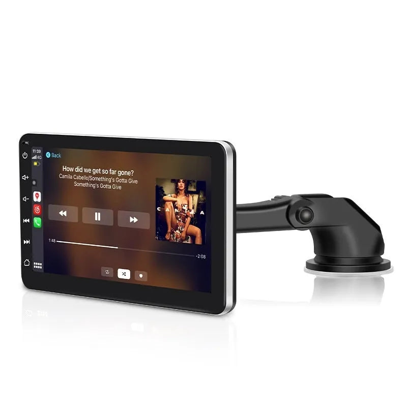 7-inch car GPS navigator with wireless CarPlay and reversing camera on dashboard with suction cup mount
