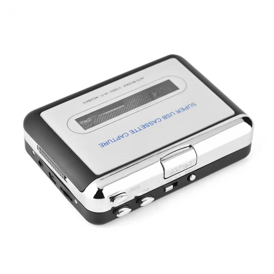 Silver USB cassette converter for converting tapes to MP3 files with USB cable and earphones
