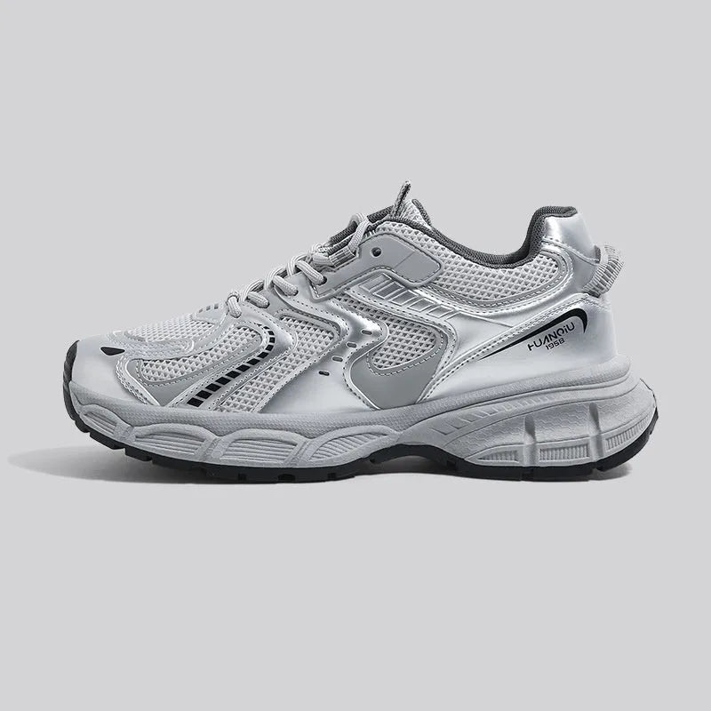 Casual dad shoe sneaker with PU mesh upper in grey, front lace-up closure and EVA sole