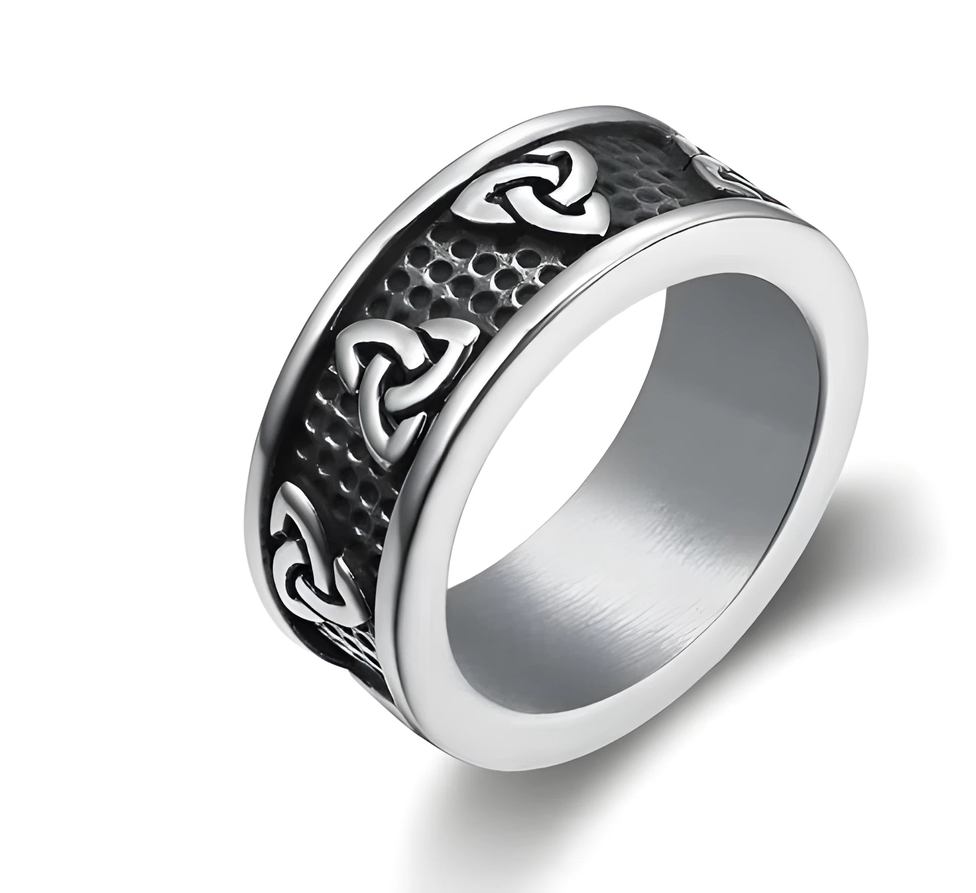 Trinity symbol ring in stainless steel, polished finish, available in sizes No. 7 to No. 13