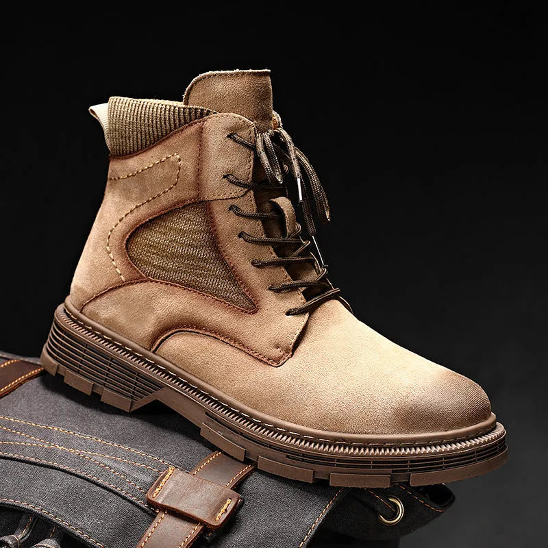 Men's vintage Martin boots in black with a round toe and low thick heel on a rubber sole.