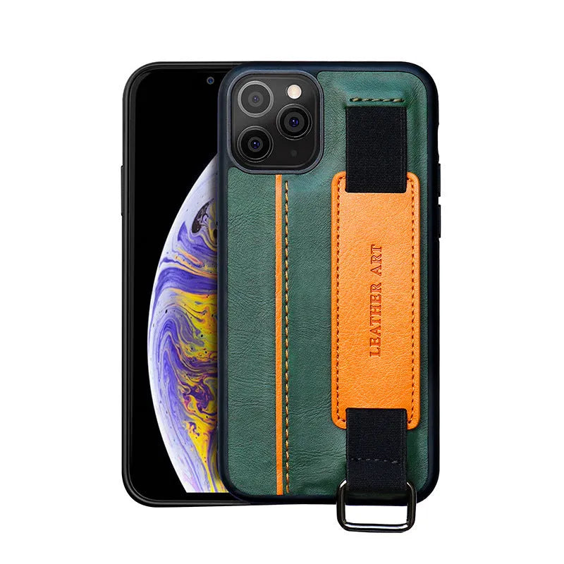 Brown imitation leather wallet-style iPhone case with a detachable wrist strap, shown attached to an iPhone 12.