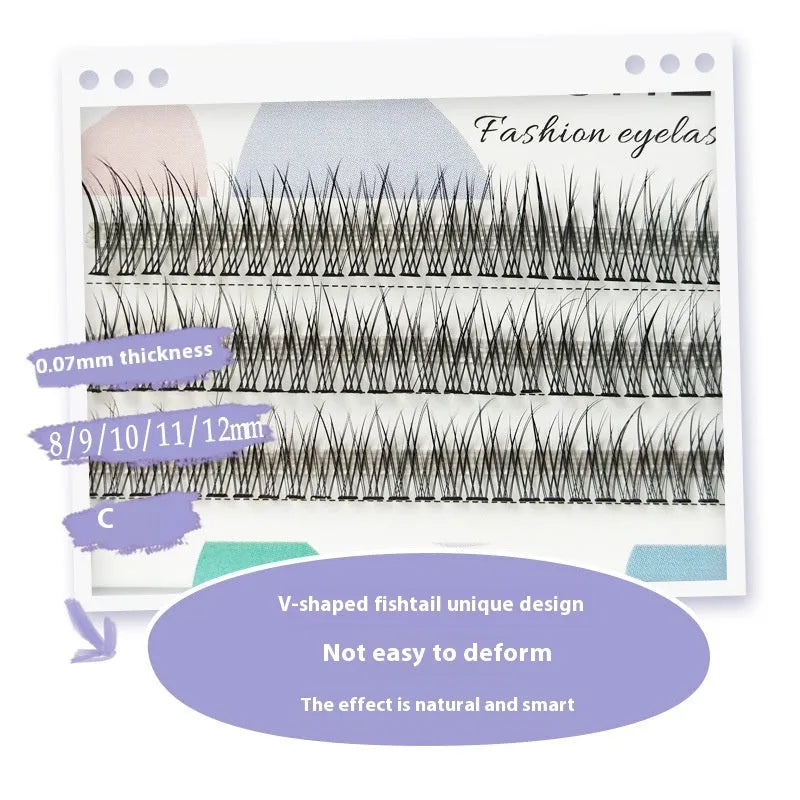 Black V-shaped fairy fishtail false eyelashes with thick segments, shown in graded lengths from 8mm to 12mm