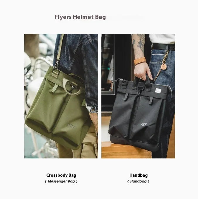 Marden Tooling medium canvas messenger bag in charcoal black with a shoulder strap and hard handle.