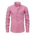 Man wearing a striped long-sleeved anti-wrinkle business casual shirt with a lapel collar.