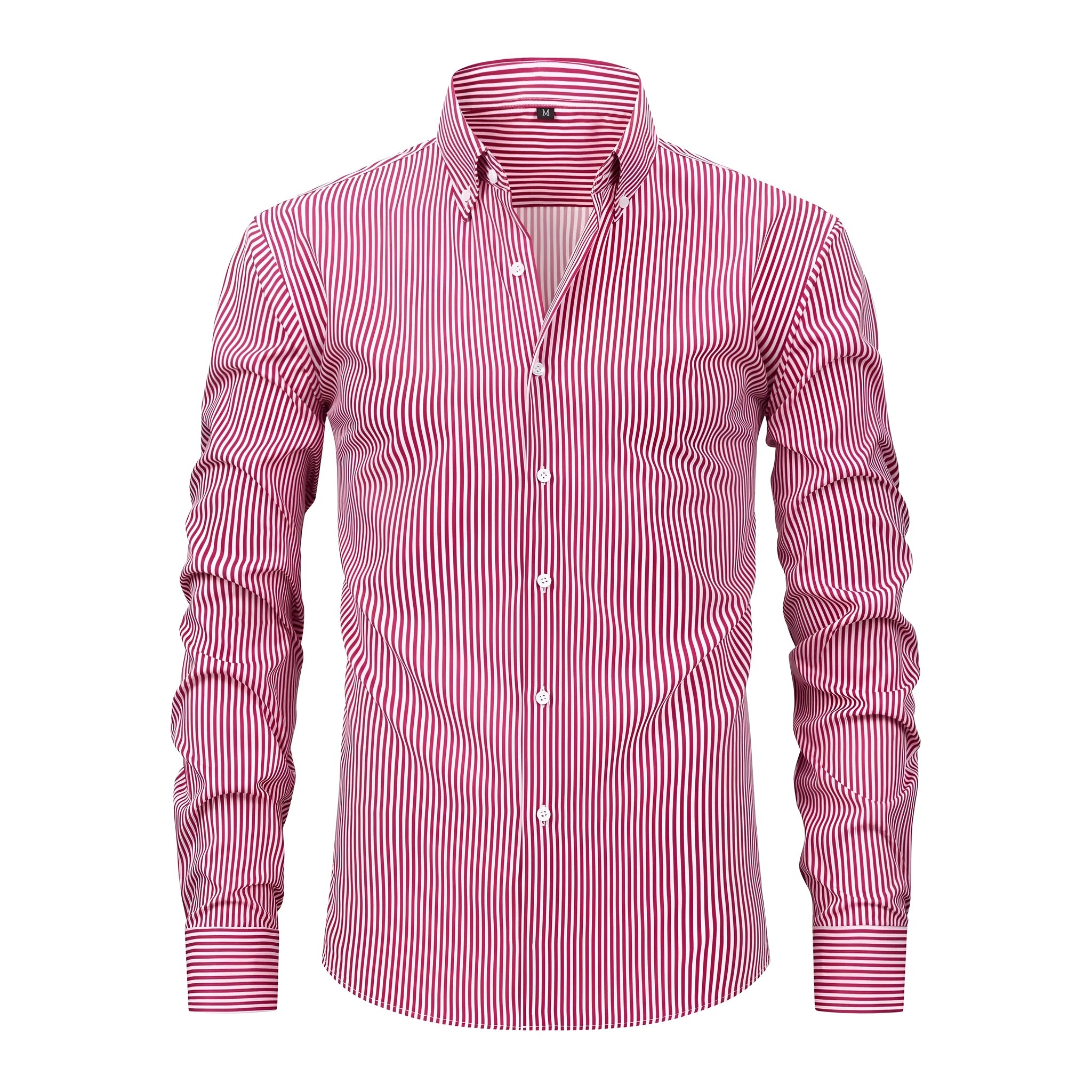 Man wearing a striped long-sleeved anti-wrinkle business casual shirt with a lapel collar.