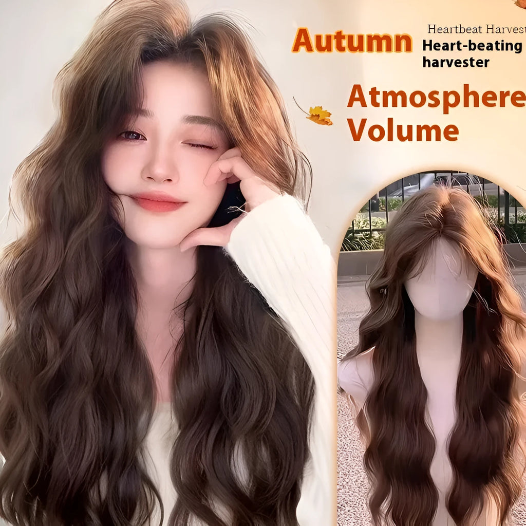 Women's long curly synthetic wig with side bangs in brown colour options