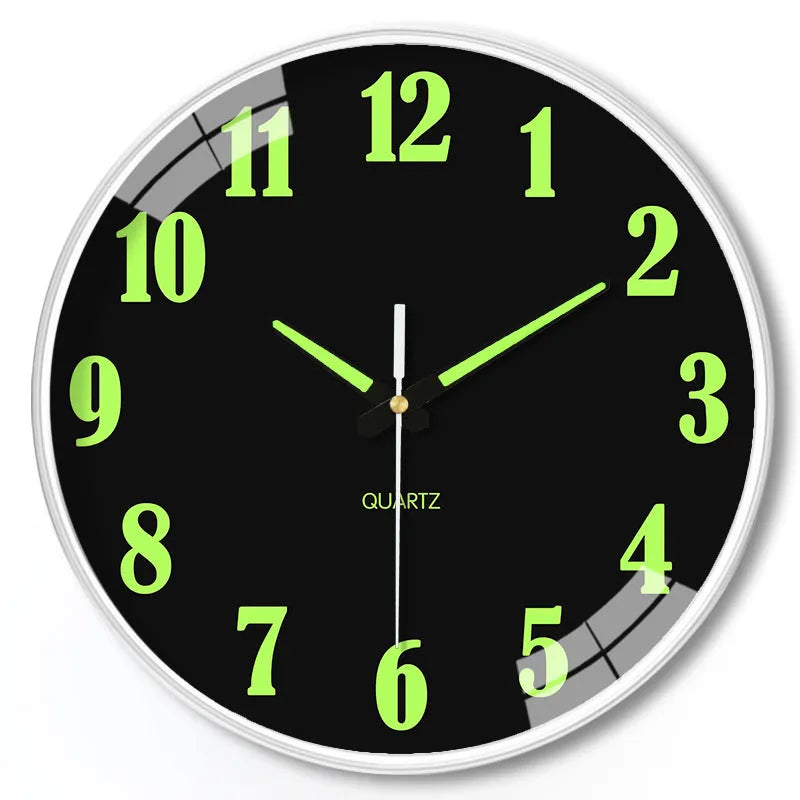 Modern 8 inch luminous wall clock with 20cm diameter white dial on a plastic casing.
