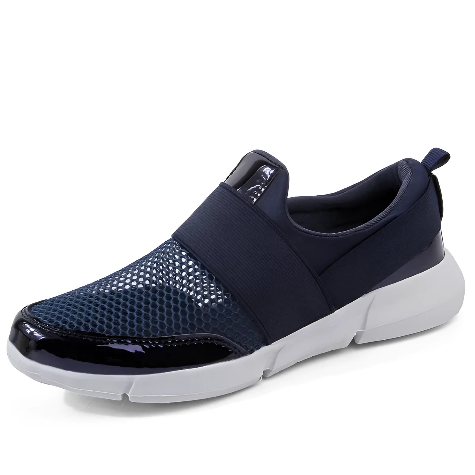 Blue, black, and grey low-top women's casual sneakers with mesh interior and PU midsole.