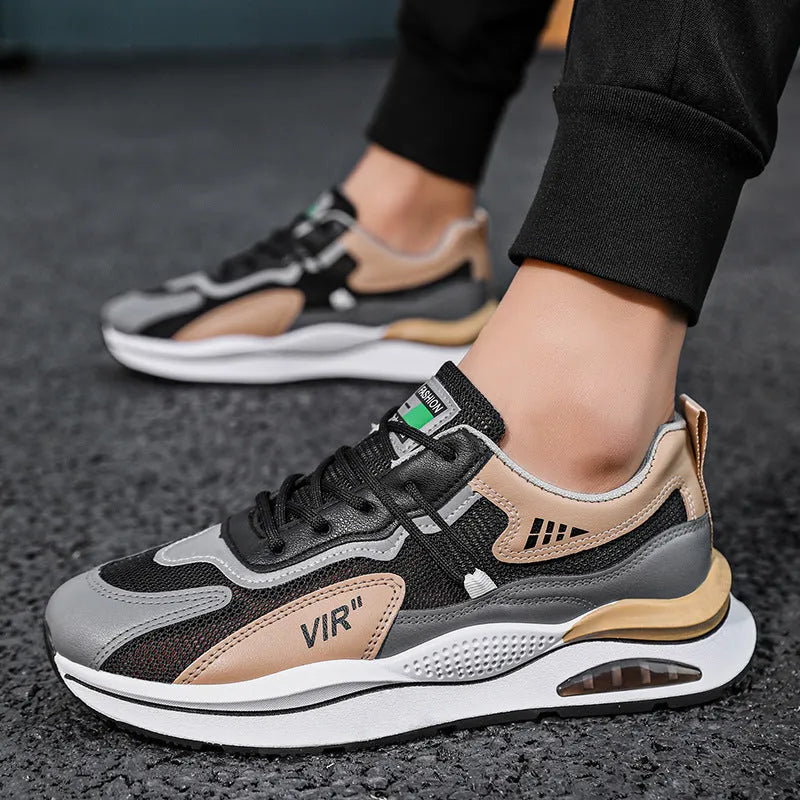 Men's grey breathable mesh running shoes with EVA sole and round toe design