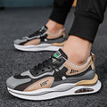 Men's grey breathable mesh running shoes with EVA sole and round toe design