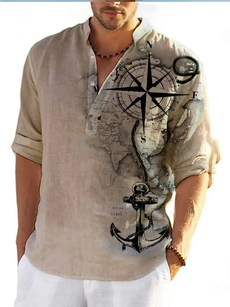 Thin striped long sleeve Hawaiian-style shirt in a digital bamboo linen pattern.