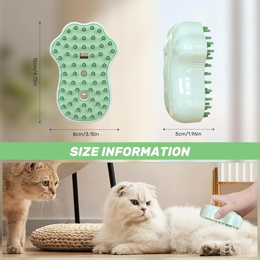 Self-cleaning cat steam brush with silicone brush head and release button for pet grooming