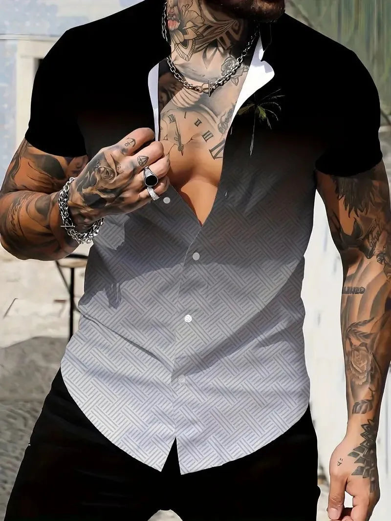 Men's geometric line print short sleeve shirt in slim fit cardigan style