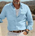 Men's green cotton linen blend long sleeve casual shirt showing loose fit design