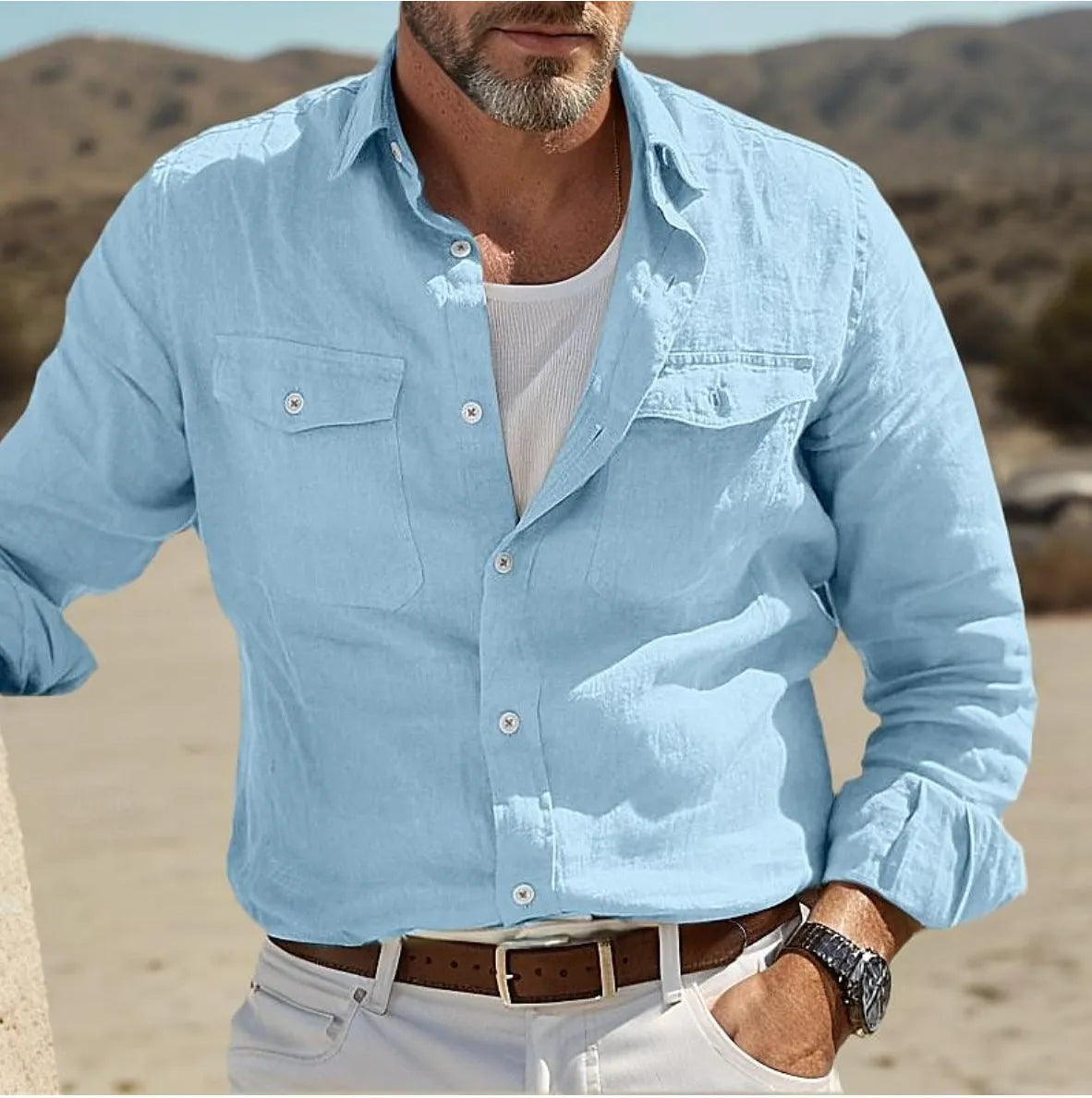 Men's green cotton linen blend long sleeve casual shirt showing loose fit design