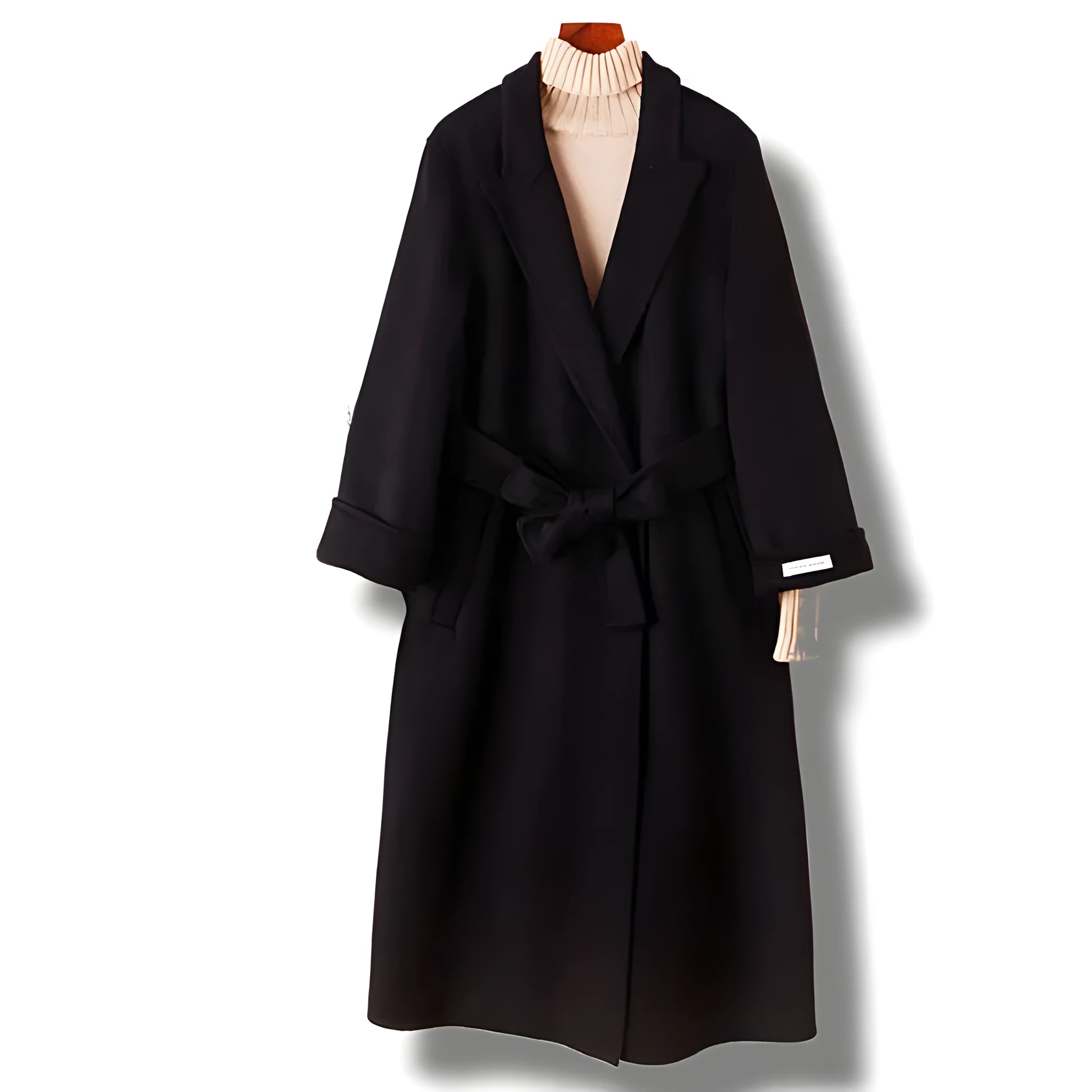 Men's tailored slim fit wool overcoat with a long suit collar in black or caramel colour.