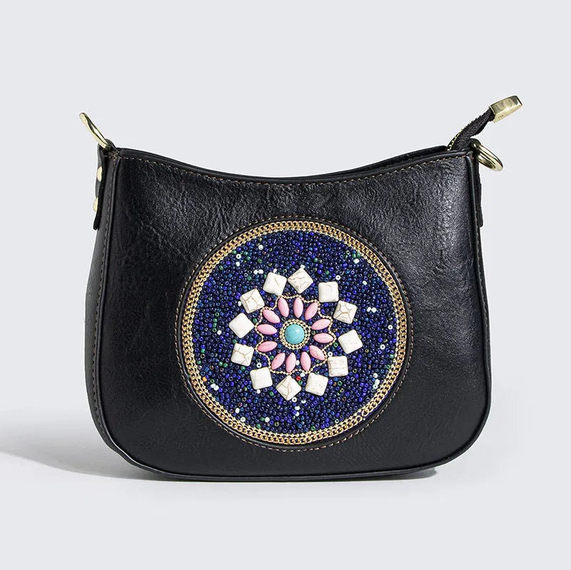 Straw bead turquoise ethnic style tote bucket crossbody bag with flower detail