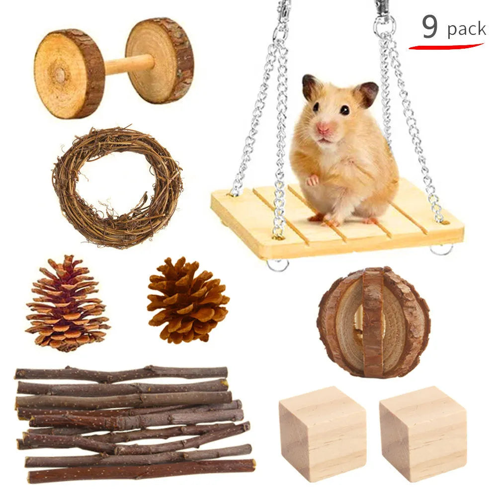 Wooden pet toy set with molar stick, straw mattress and woven balls for rabbits, guinea pigs and parrots