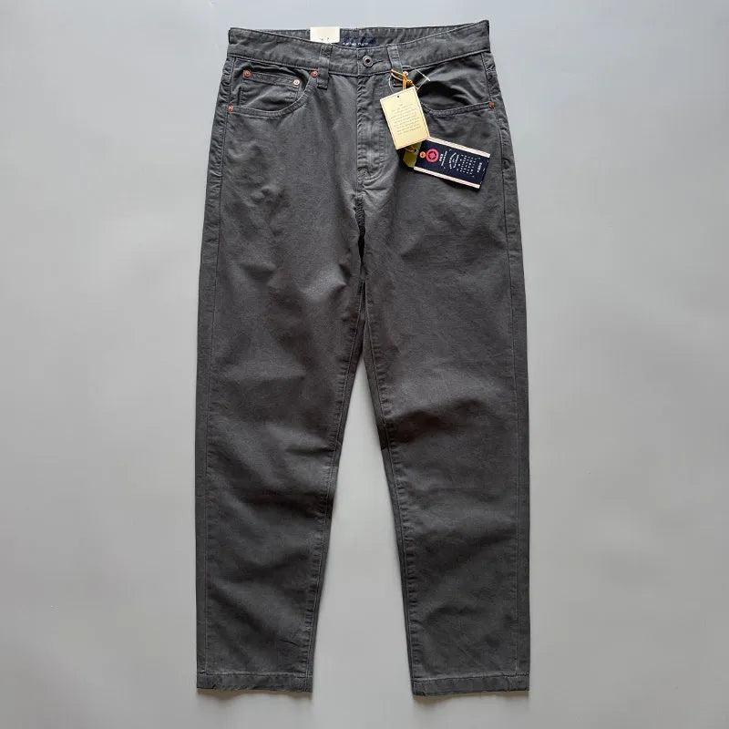 Men's straight-leg casual cotton trousers in Army Green colour on a mid-waist fit model.