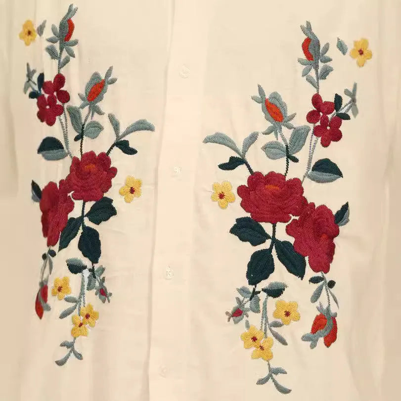 Apricot-coloured men's casual shirt with vintage floral print, short sleeves, and a cardigan-style lapel.