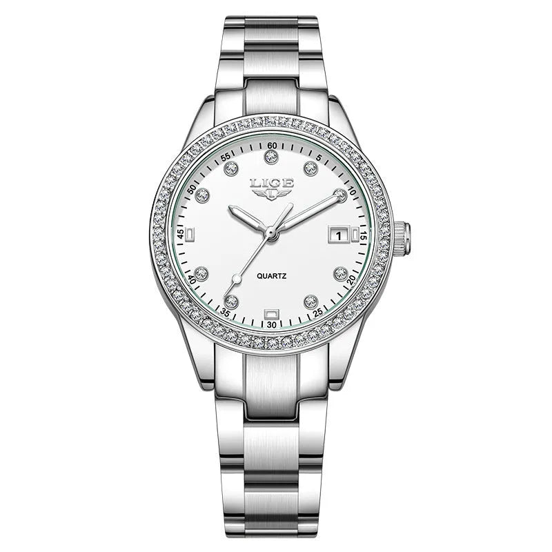 Fashion Girl quartz watch with diamond-encrusted bezel, silver stainless steel bracelet, round 34mm dial with luminous hands