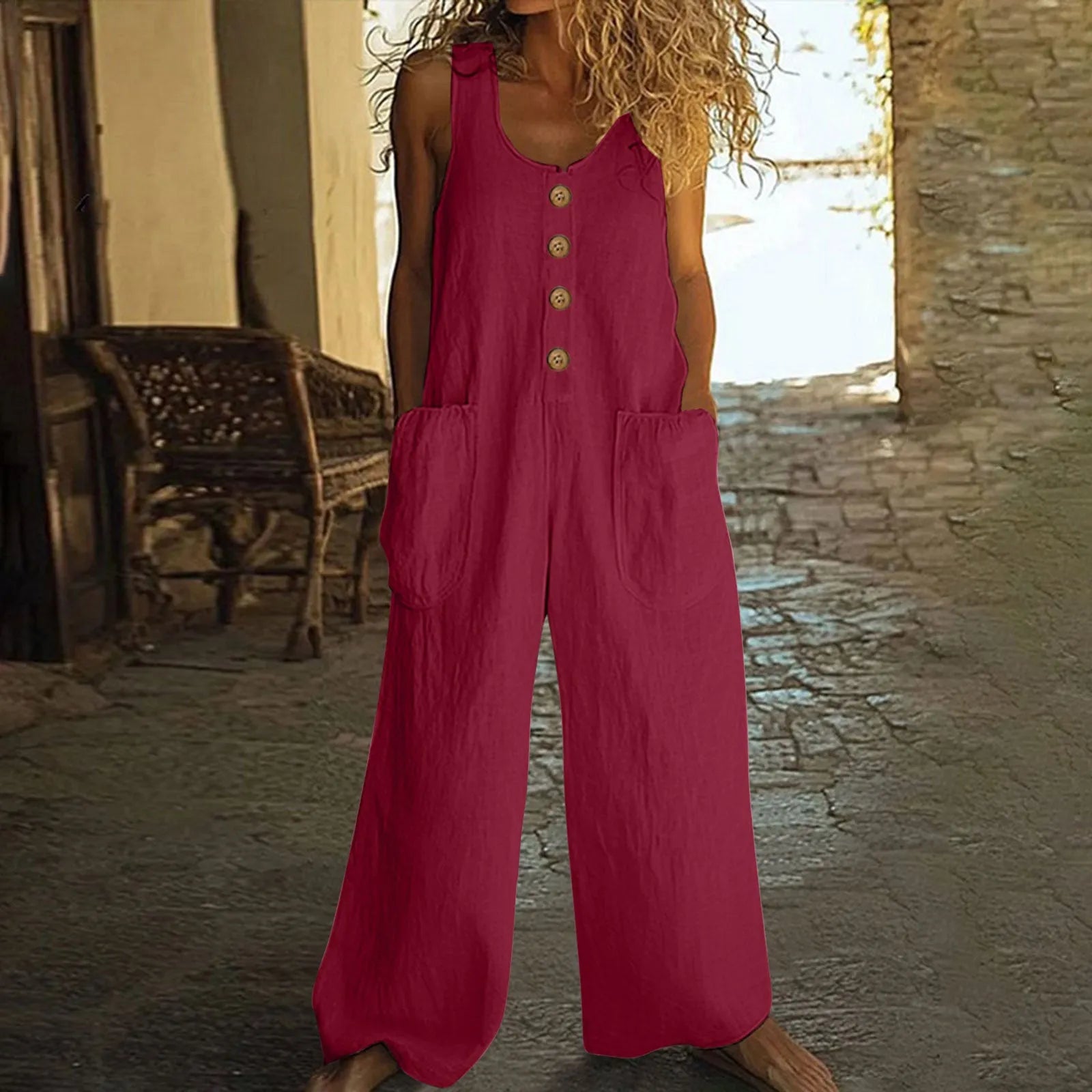 Sleevelwide leg cotton jumpsuit in Art retro style with pockets in various colours