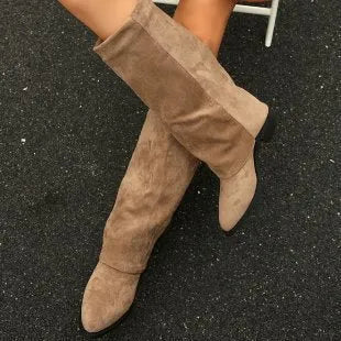 Chunky heel cowboy boot plus size unisex in artificial PU, mid calf length, brown colour