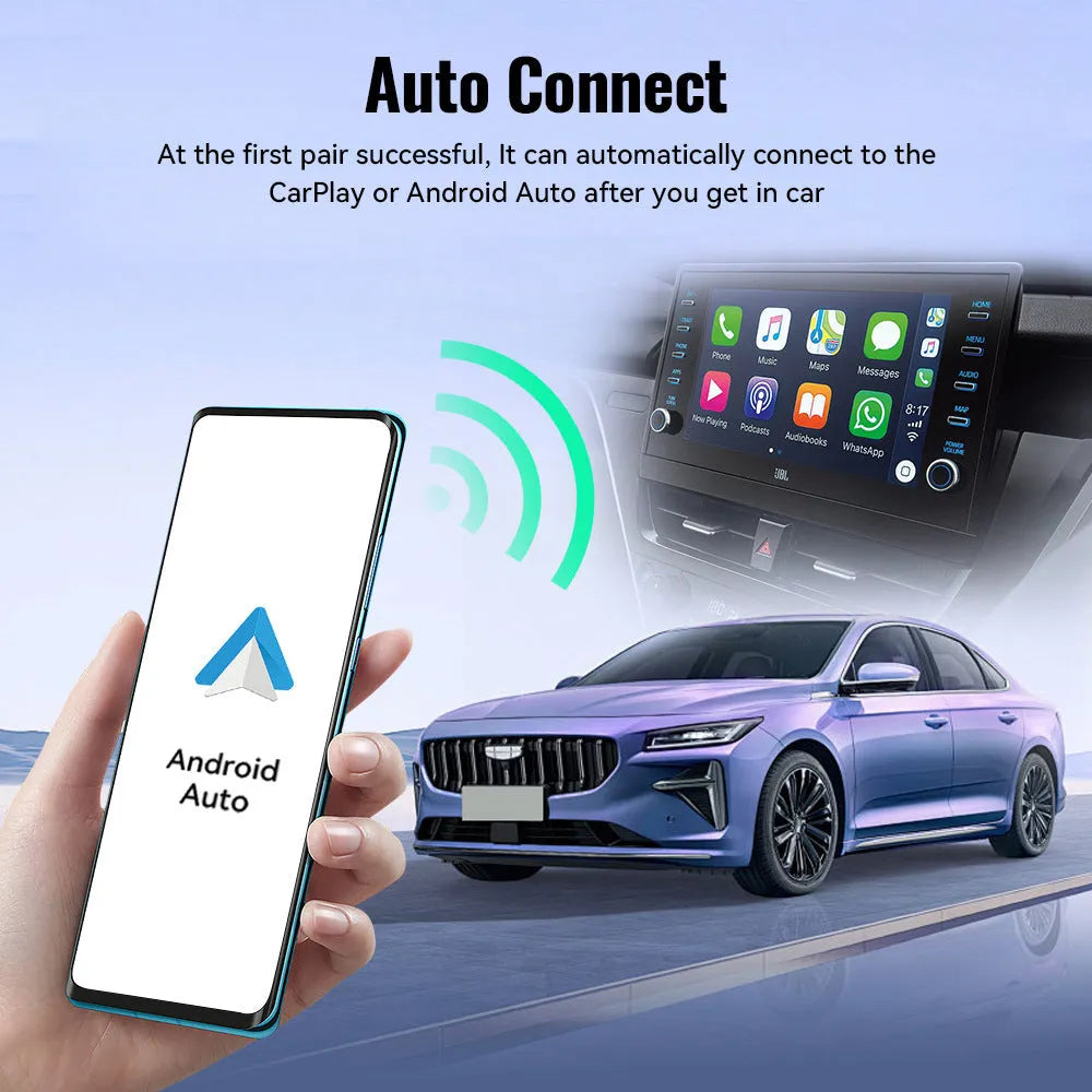Small black wireless CarPlay USB adapter with compact rectangular design.