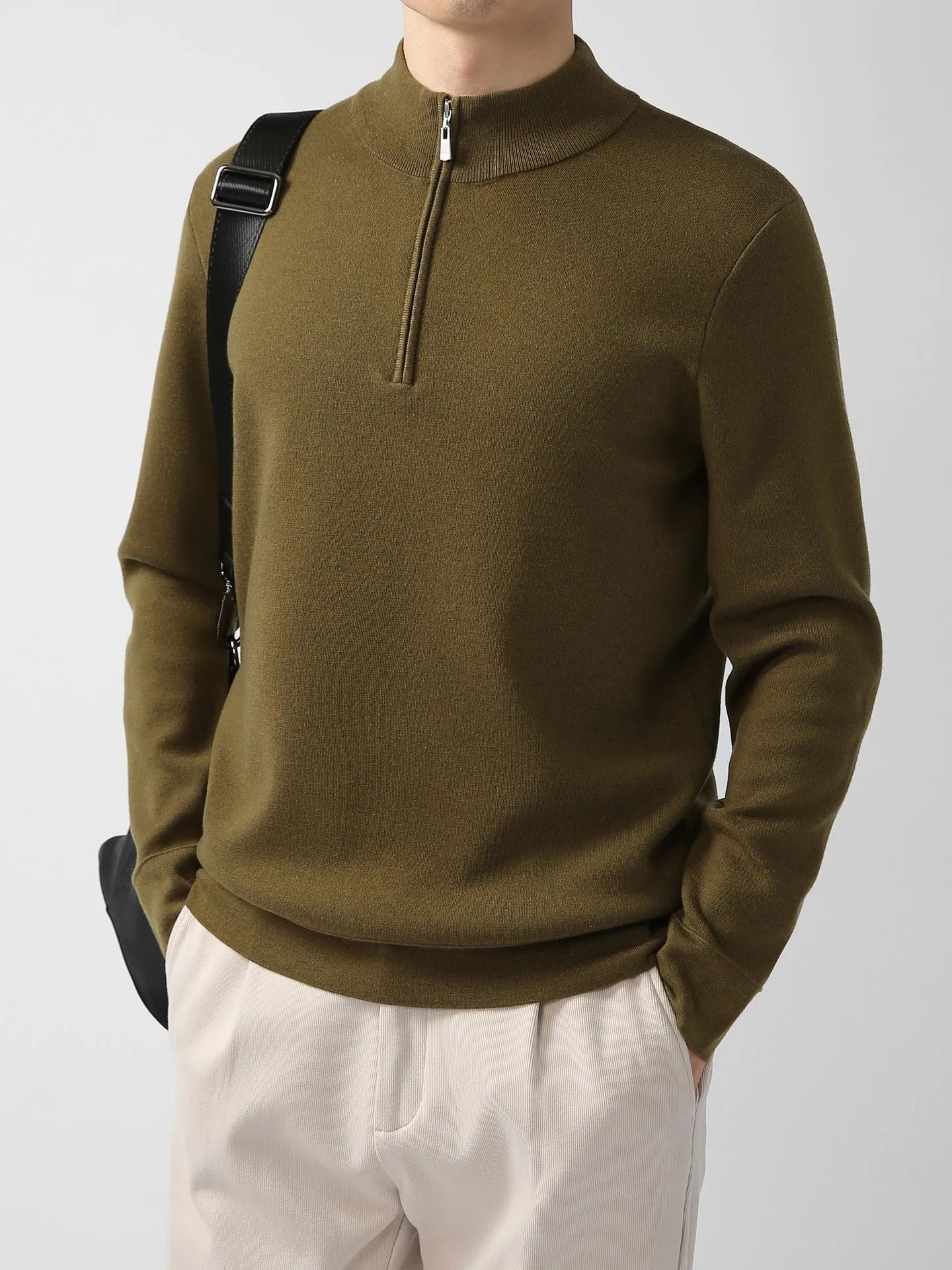 Men's merino wool zip stand collar sweater in regular fit, long sleeves, available in multiple colours