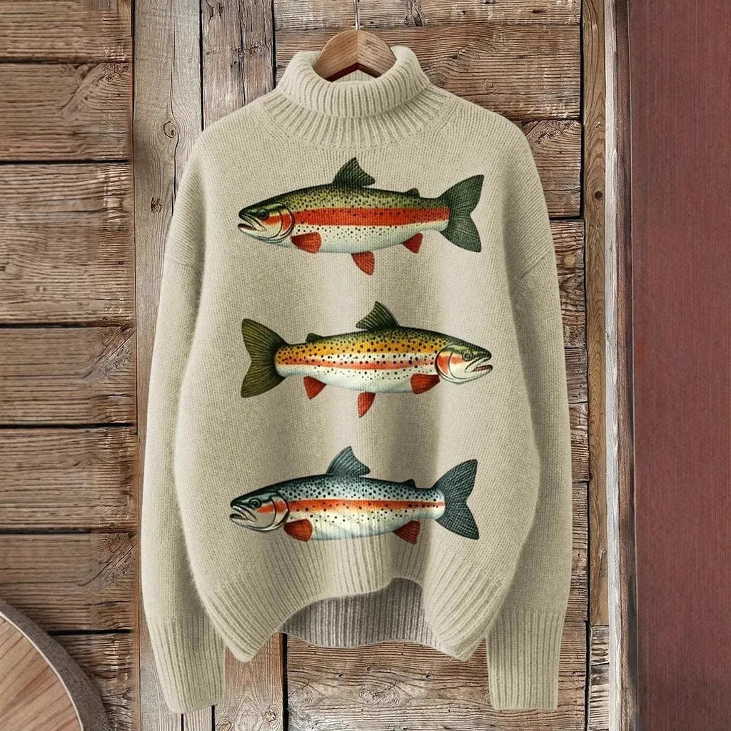 Women's Christmas printed turtleneck sweater in loose fit with festive design