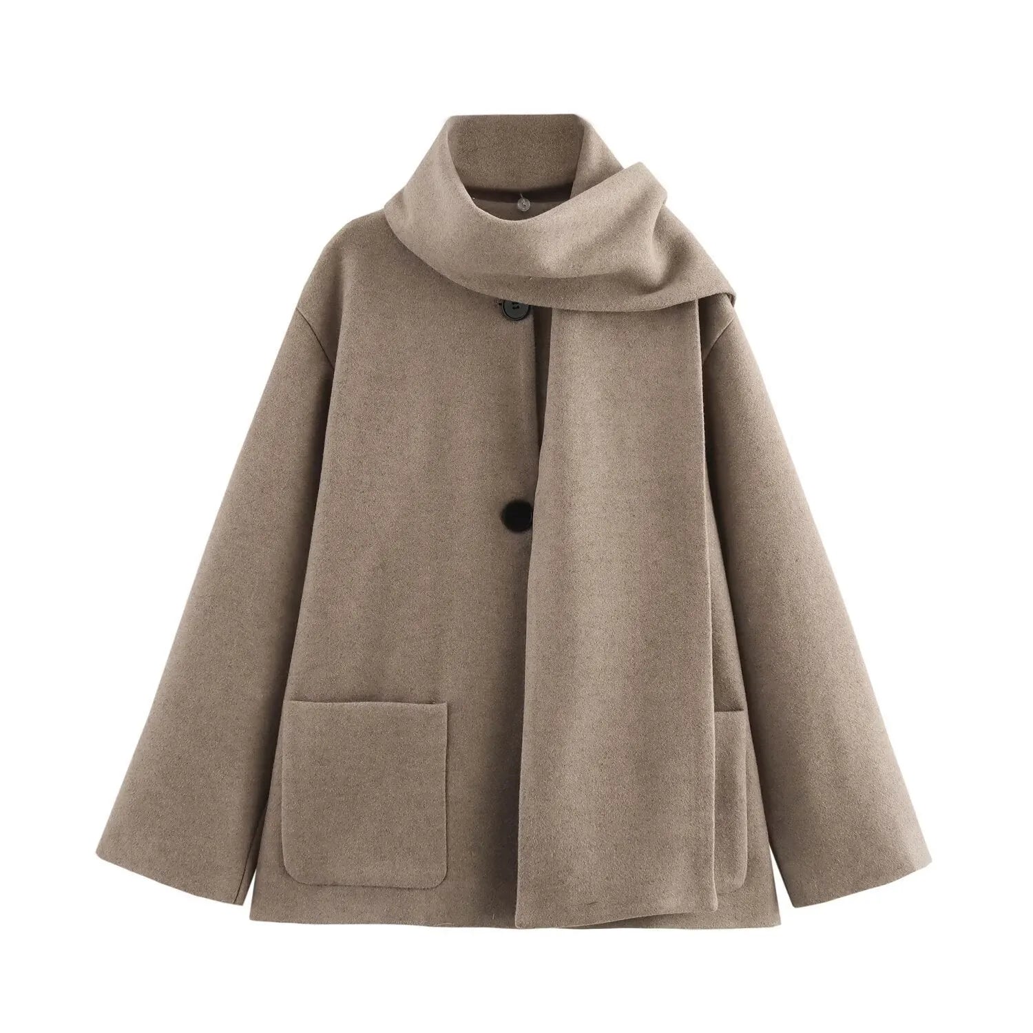 Women's long beige coat with a fluffy artificial fur collar, shown on a model.