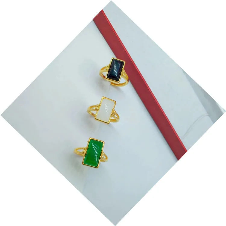 Adjustable brass gold-plated ring with electroplated finish showing gemstone inlay in national style design