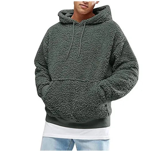 Men's fleece hooded pullover sweatshirt in black, long sleeves, hood, casual winter design