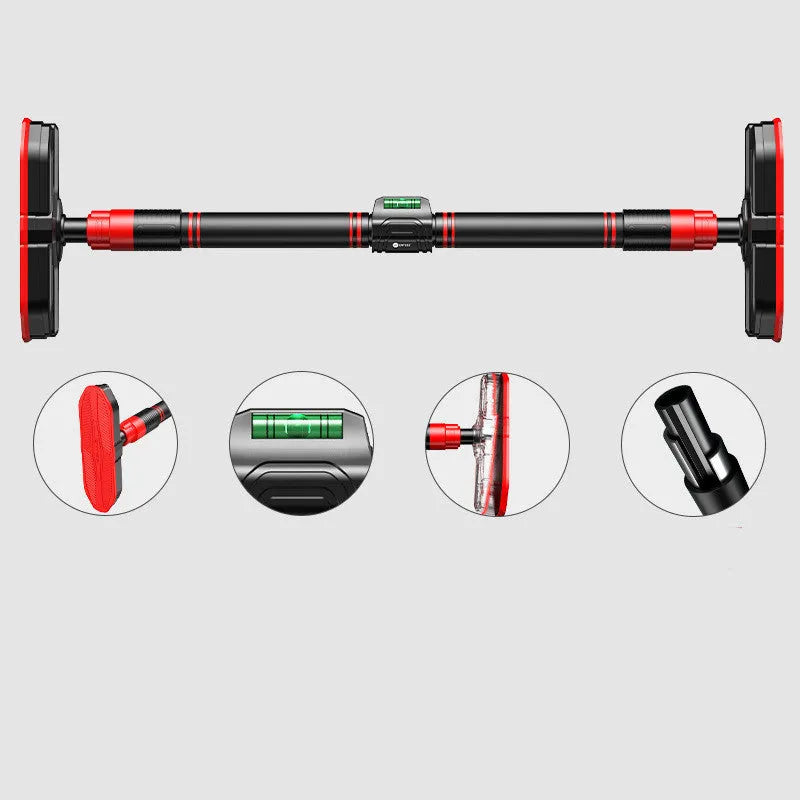 Black door frame pull-up bar with steel pipe and EVA PVC grip installed in a wooden door frame