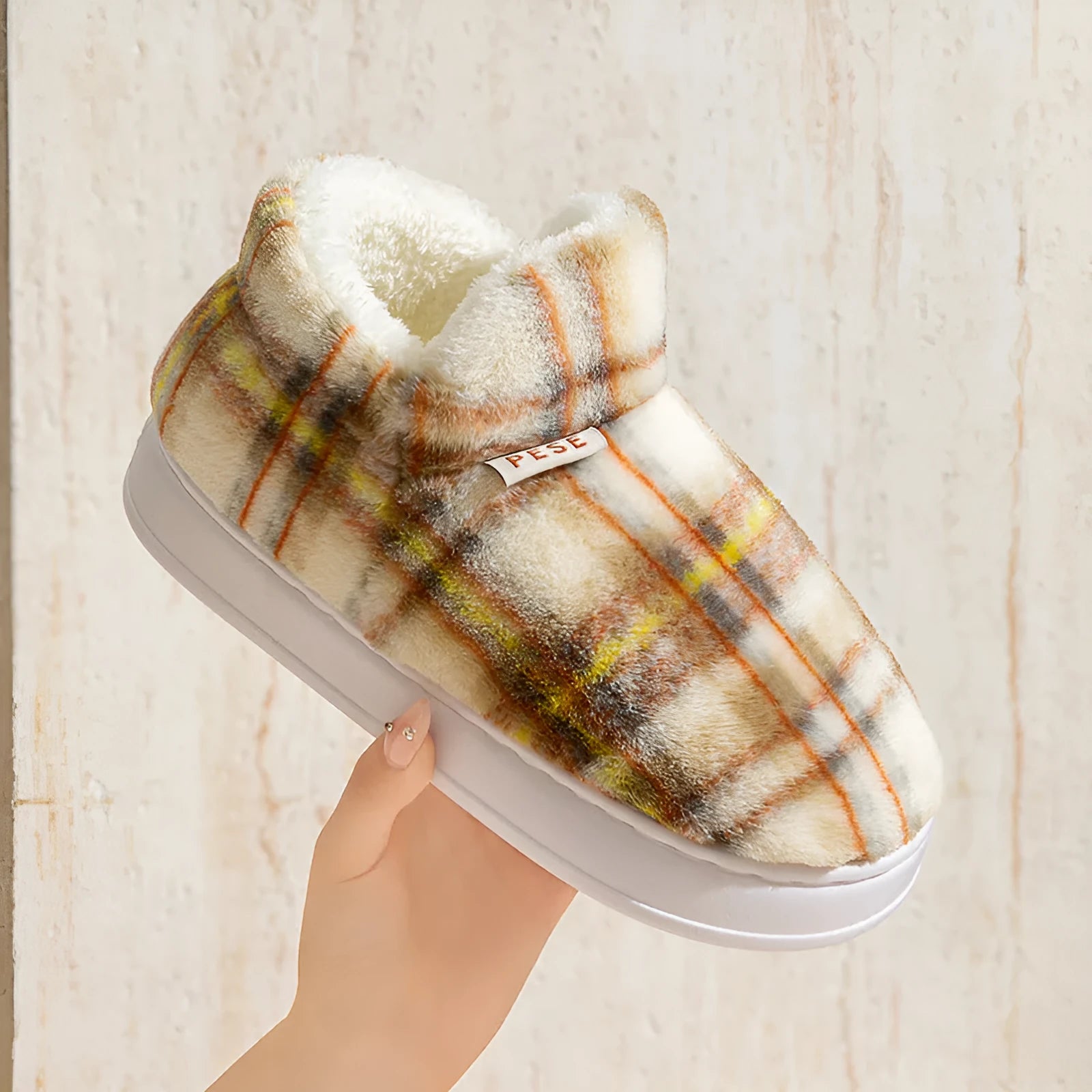 Indoor home slippers with non-slip PVC sole and plush upper in yellow, green, purple, gray, coffee colours, round toe, shoe-cover style