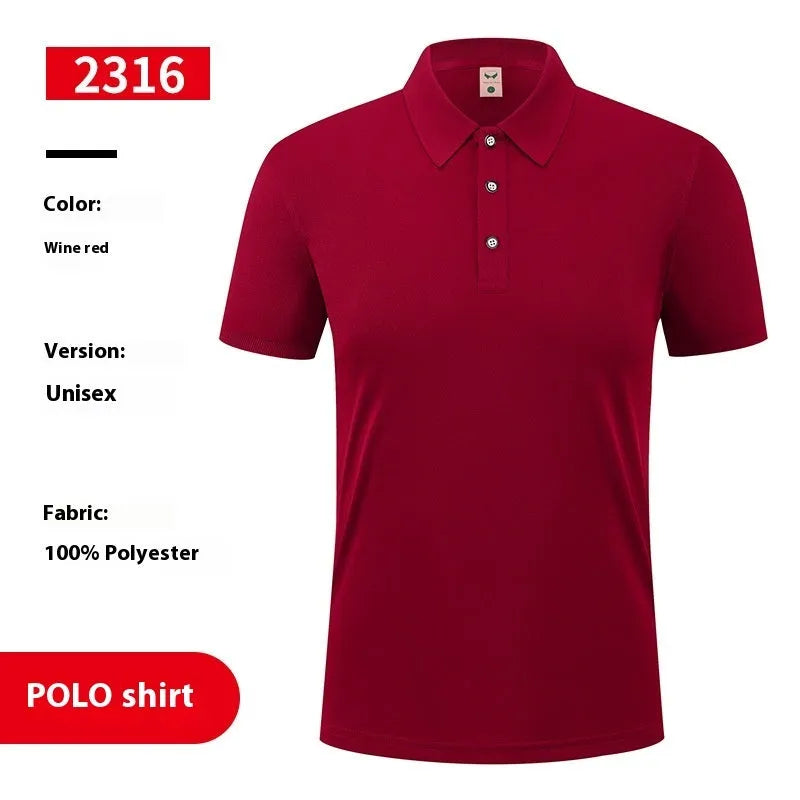 Short sleeve ice silk polo shirt on a hanger, shown in a solid colour with an advertising logo pattern.