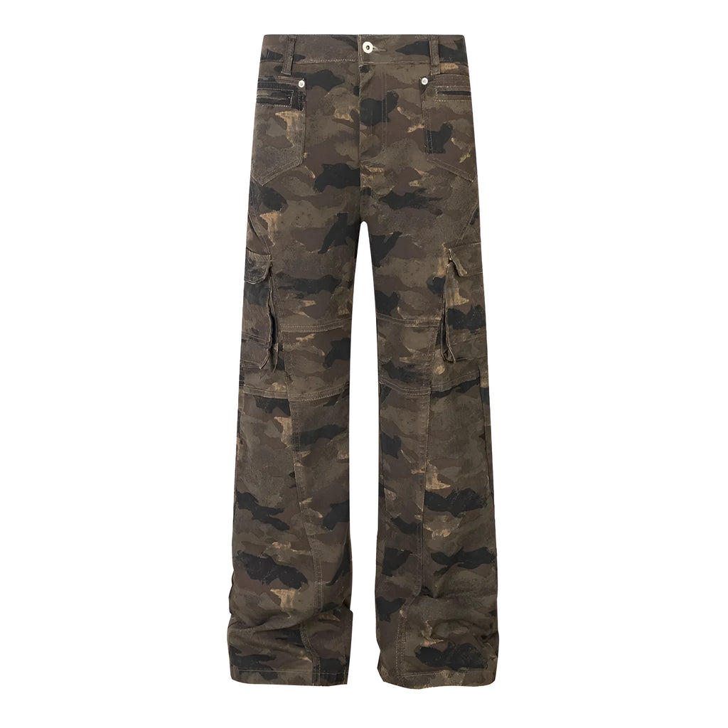 Men's camouflage denim trousers mid-waist casual work pants