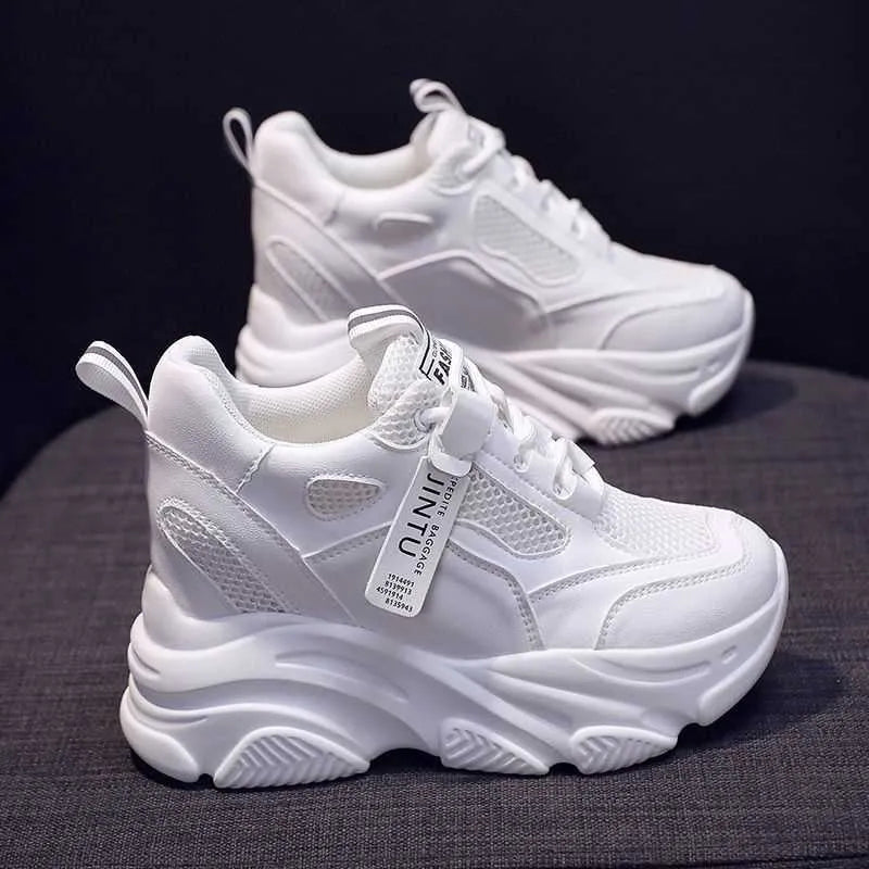 Women's black mesh platform casual shoes with hollow-out design and a TPR sole.
